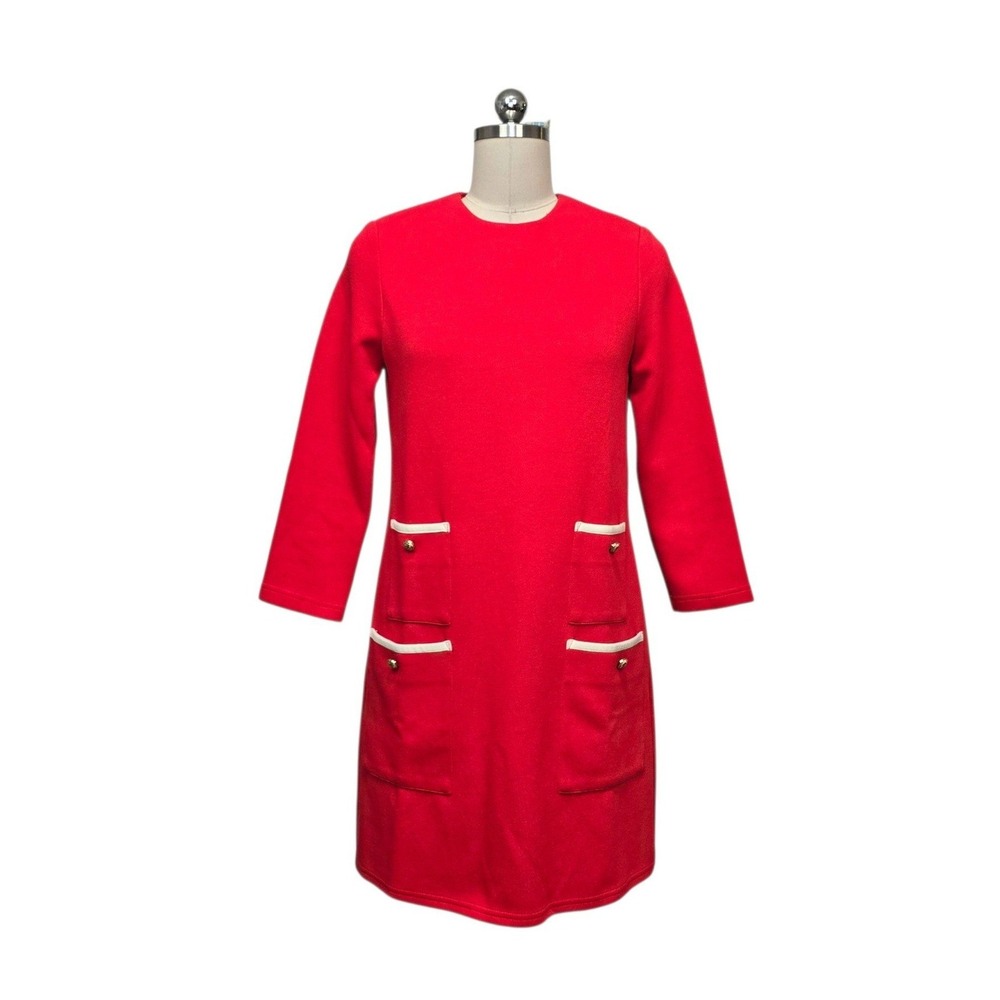 Tuckernuck Red Knit Shift Dress Gold Button White Trim 3/4 Sleeve Size Small